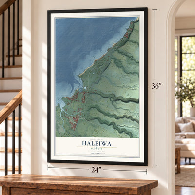 Haleiwa, Hawaii map, 24 x 36 inch print in a black frame by a staircase