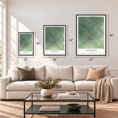 Haliimaile, Hawaii map in 12 x 18, 18 x 24 and 24 x 36 inch sizes above a sofa