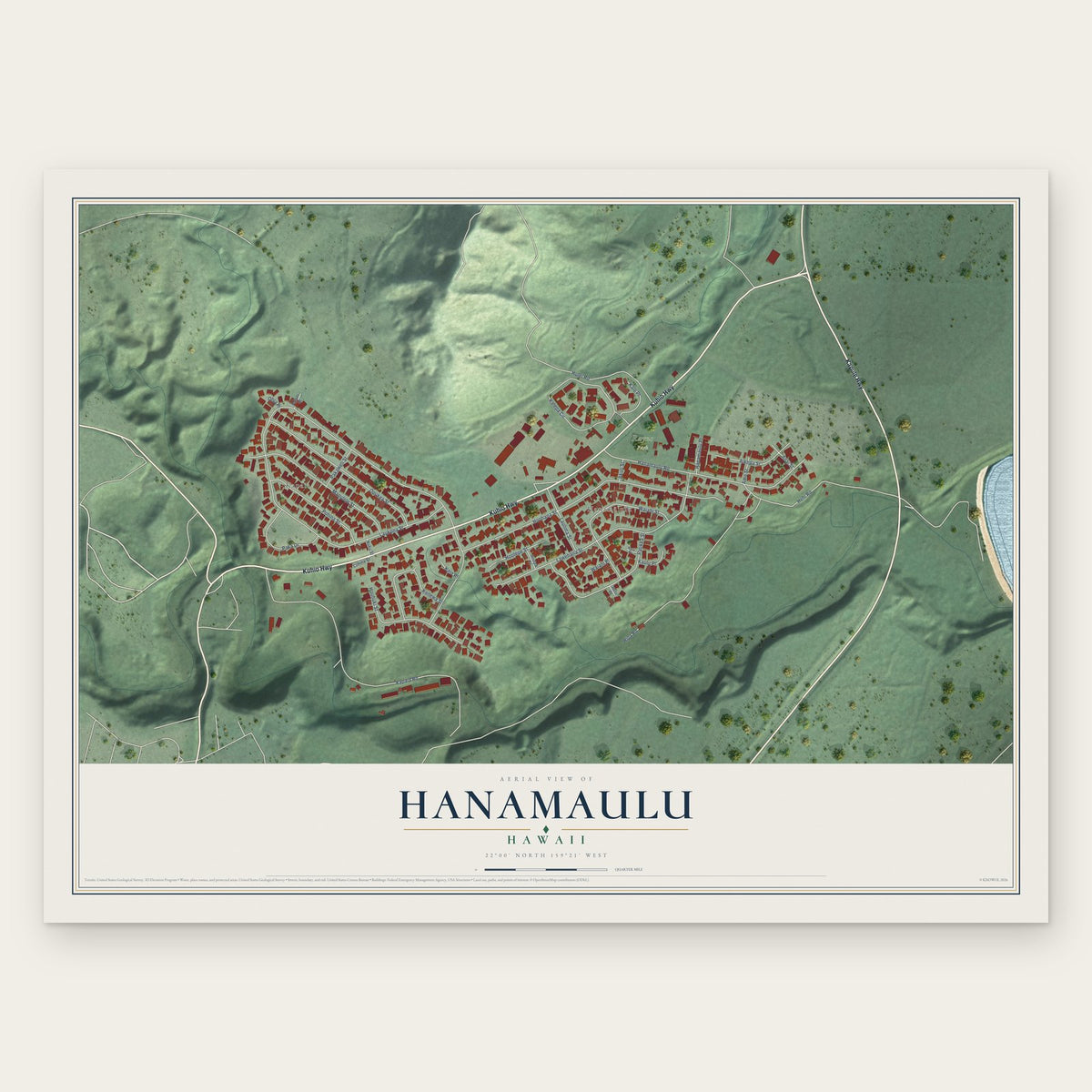 Hanamaulu, Hawaii map print, the full design
