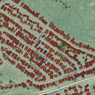 Close-up of the map of Hanamaulu, Hawaii print showing street and building detail