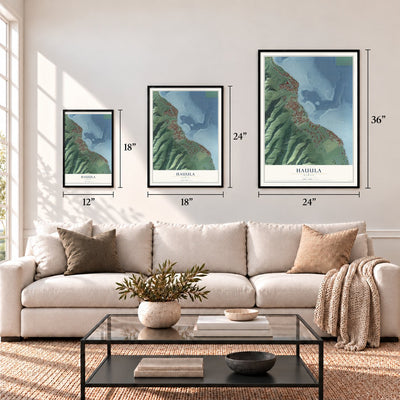 Hauula, Hawaii map in 12 x 18, 18 x 24 and 24 x 36 inch sizes above a sofa