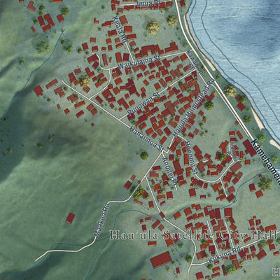 Close-up of the map of Hauula, Hawaii print showing street and building detail