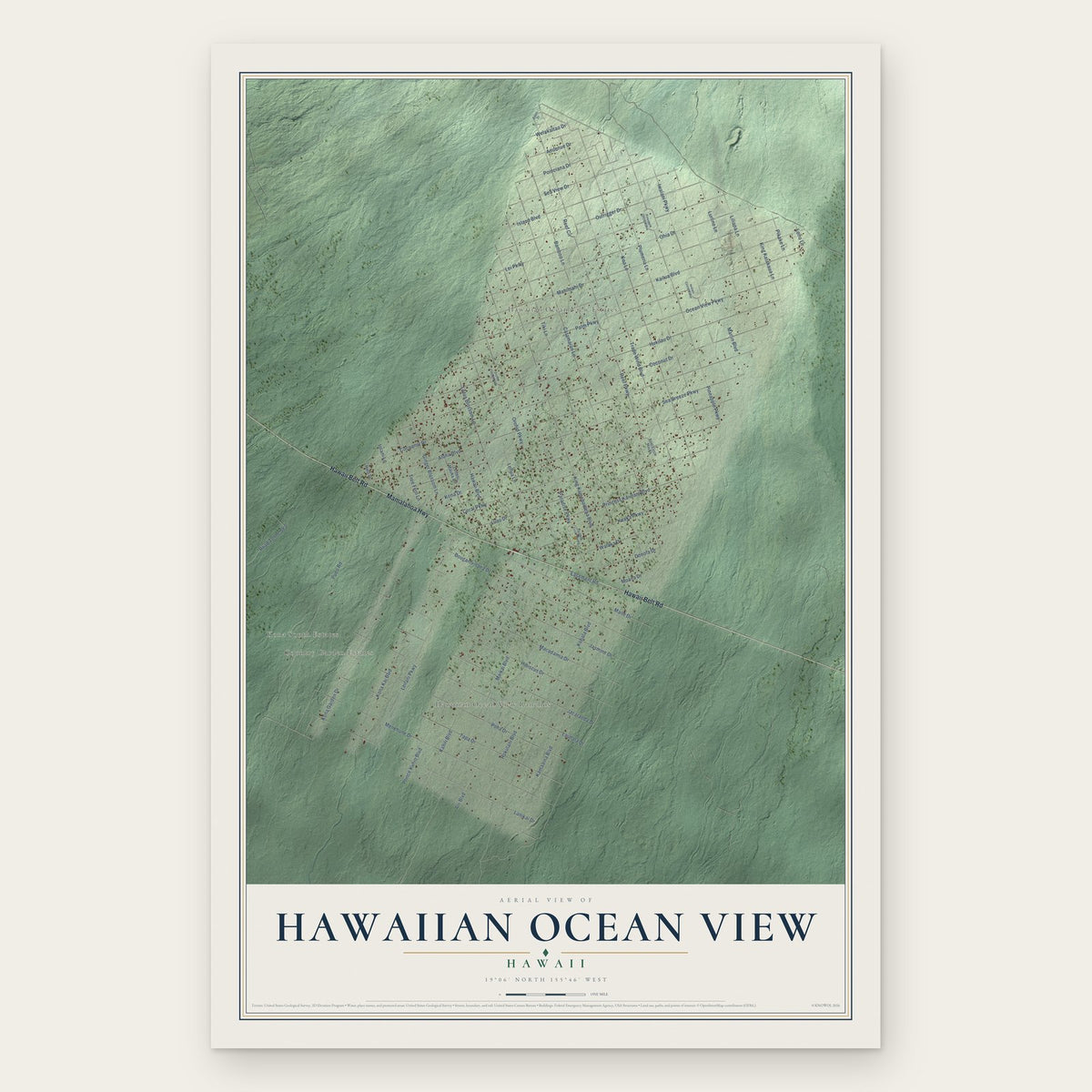 Hawaiian Ocean View, Hawaii map print, the full design