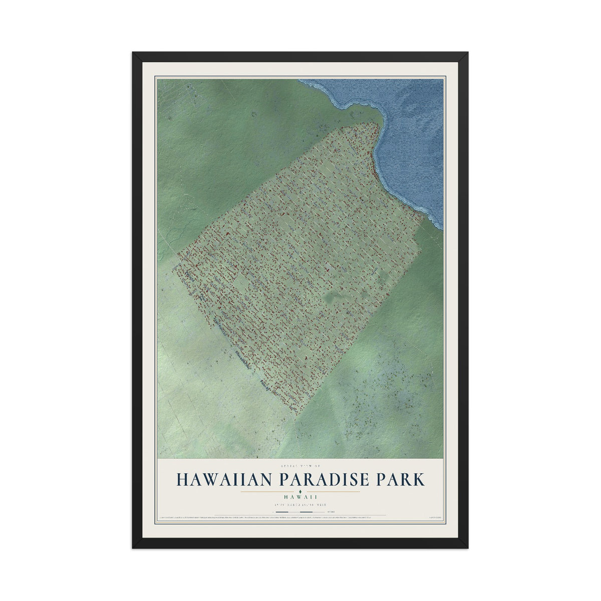 Map of Hawaiian Paradise Park, Hawaii, 12 x 18 inch print in a black wood frame