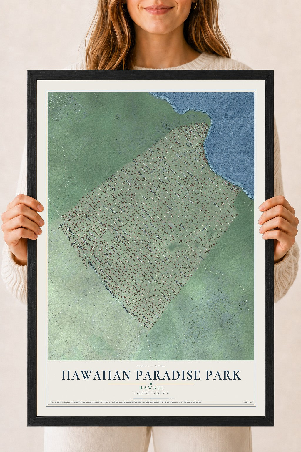 Map of Hawaiian Paradise Park, Hawaii, 18 x 24 inch print in a black wood frame