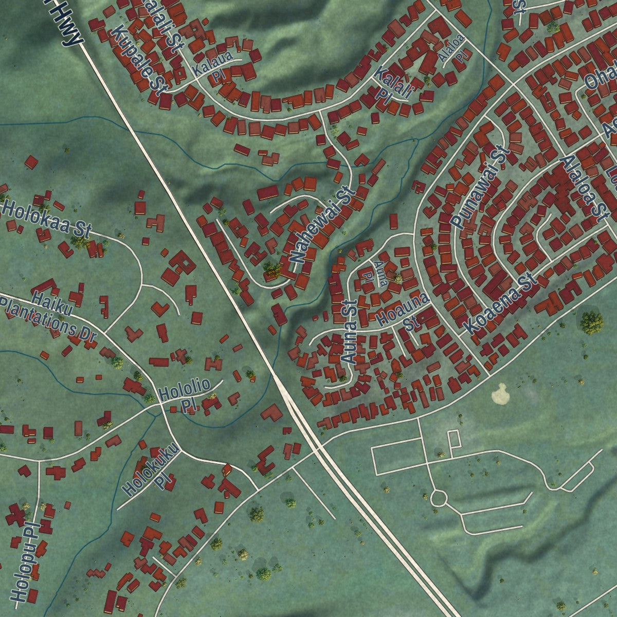 Second close-up of the map of Heeia, Hawaii print showing more streets and buildings