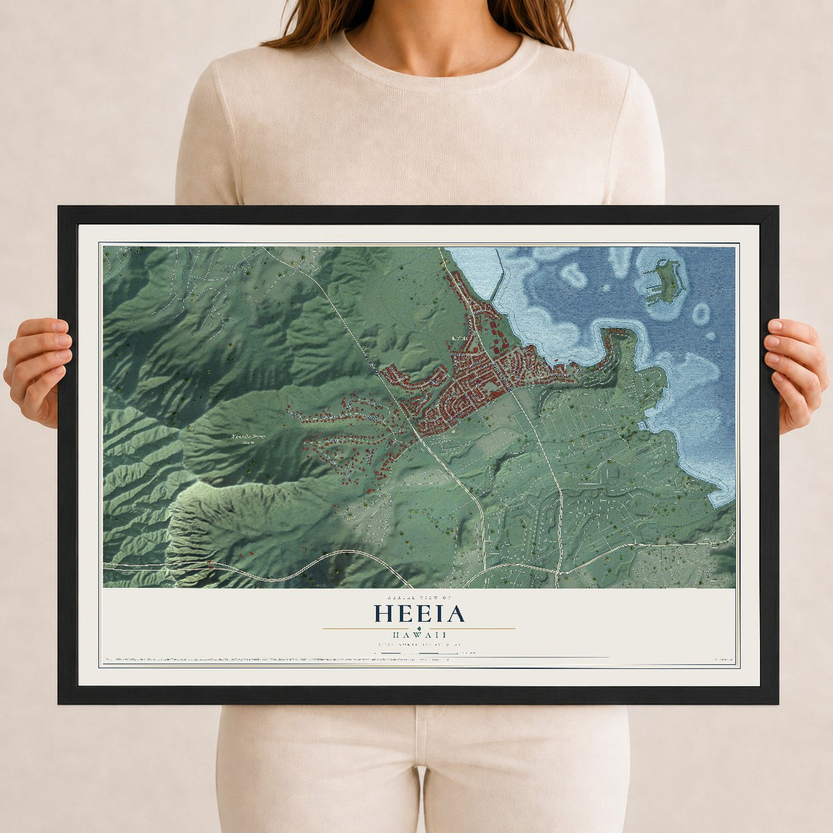 Map of Heeia, Hawaii, 12 x 18 inch print in a black wood frame
