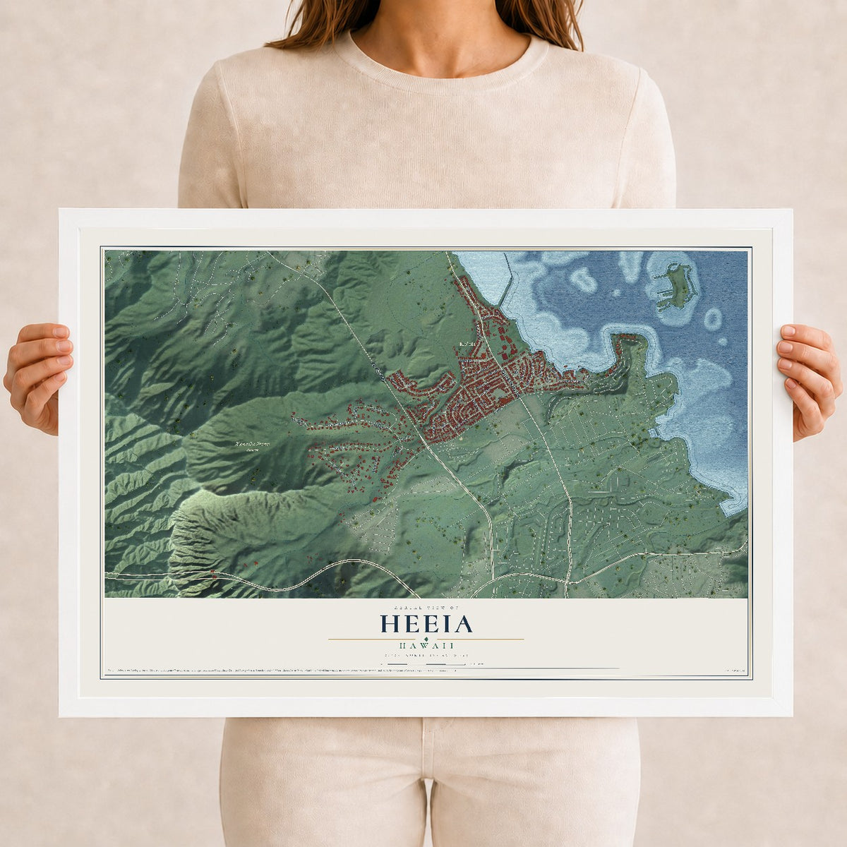 Map of Heeia, Hawaii, 12 x 18 inch print in a white wood frame