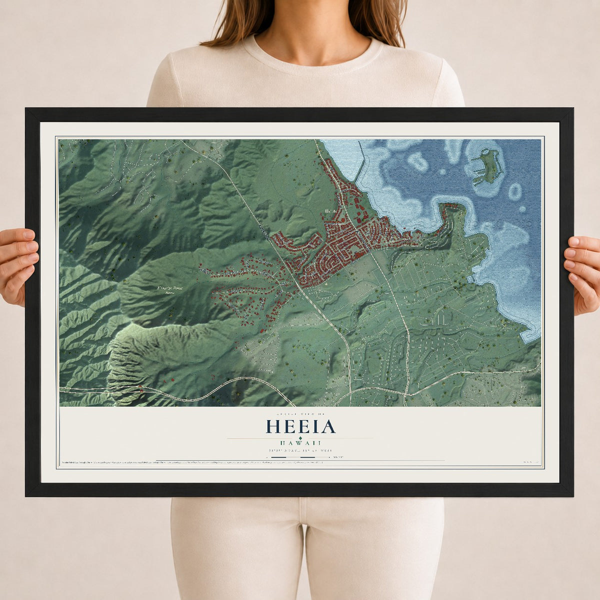 Map of Heeia, Hawaii, 18 x 24 inch print in a black wood frame