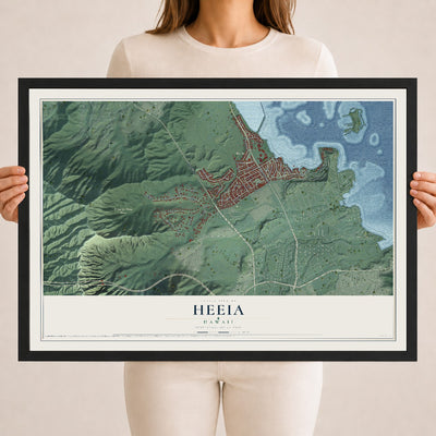 Map of Heeia, Hawaii, 18 x 24 inch print in a black wood frame