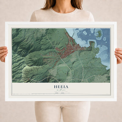 Map of Heeia, Hawaii, 18 x 24 inch print in a white wood frame