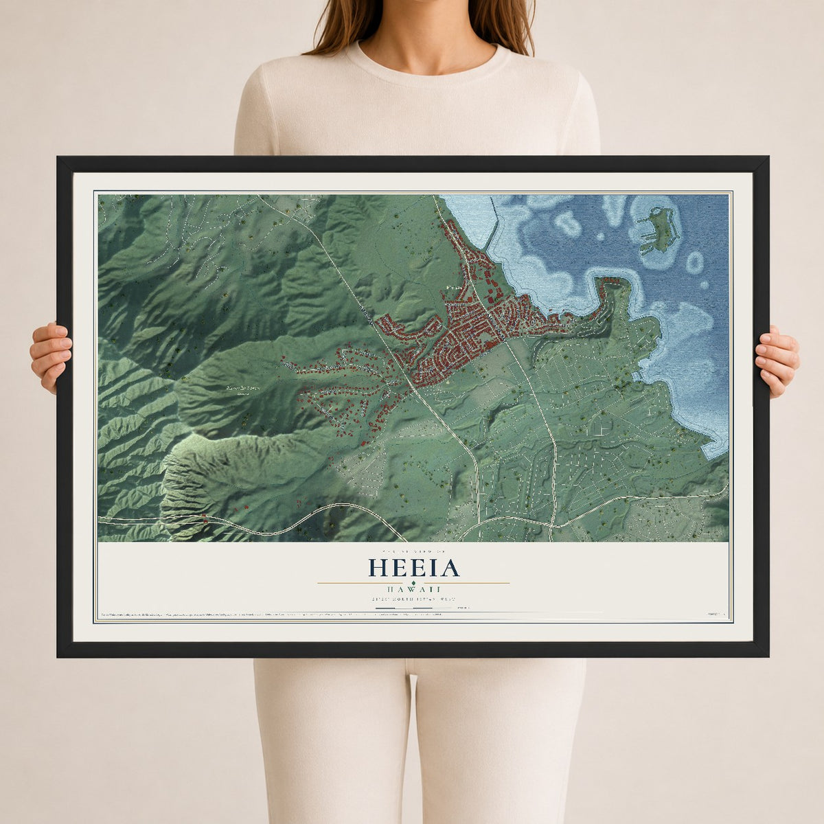 Map of Heeia, Hawaii, 24 x 36 inch print in a black wood frame