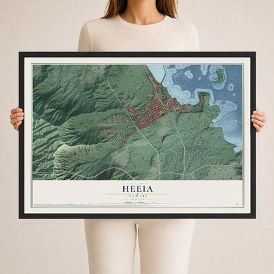 Map of Heeia, Hawaii, 24 x 36 inch print in a black wood frame