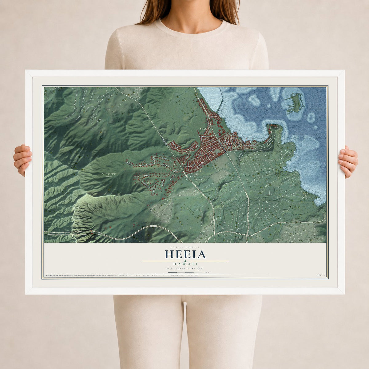 Map of Heeia, Hawaii, 24 x 36 inch print in a white wood frame