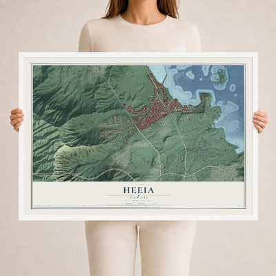 Map of Heeia, Hawaii, 24 x 36 inch print in a white wood frame