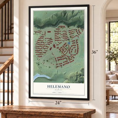Helemano, Hawaii map, 24 x 36 inch print in a black frame by a staircase