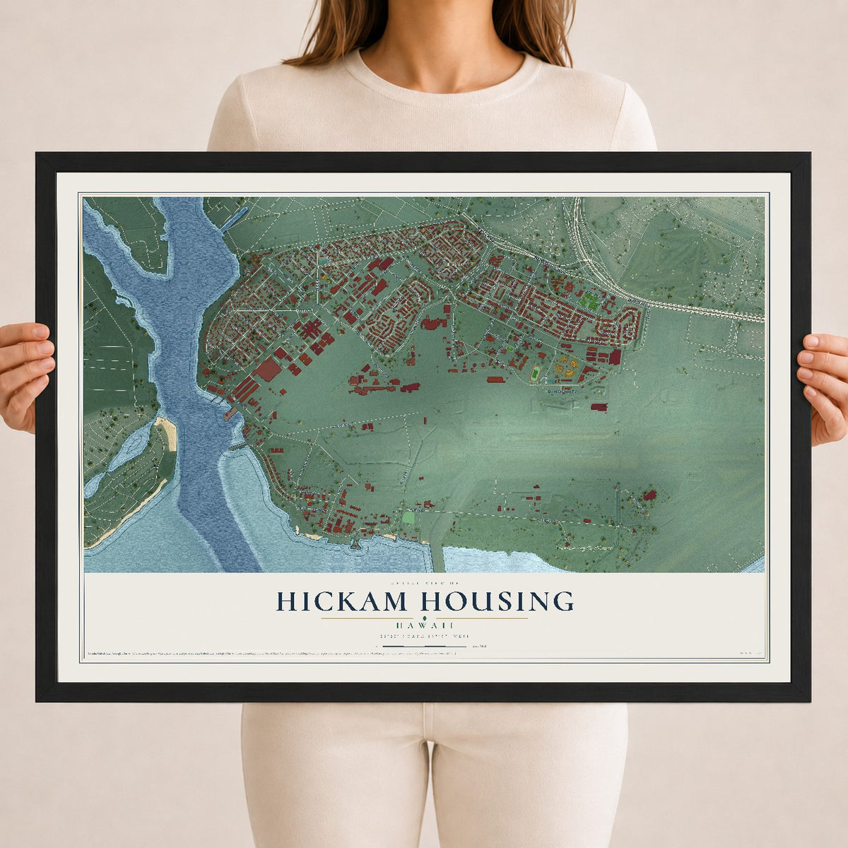 Map of Hickam Housing, Hawaii, 18 x 24 inch print in a black wood frame