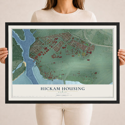 Map of Hickam Housing, Hawaii, 18 x 24 inch print in a black wood frame
