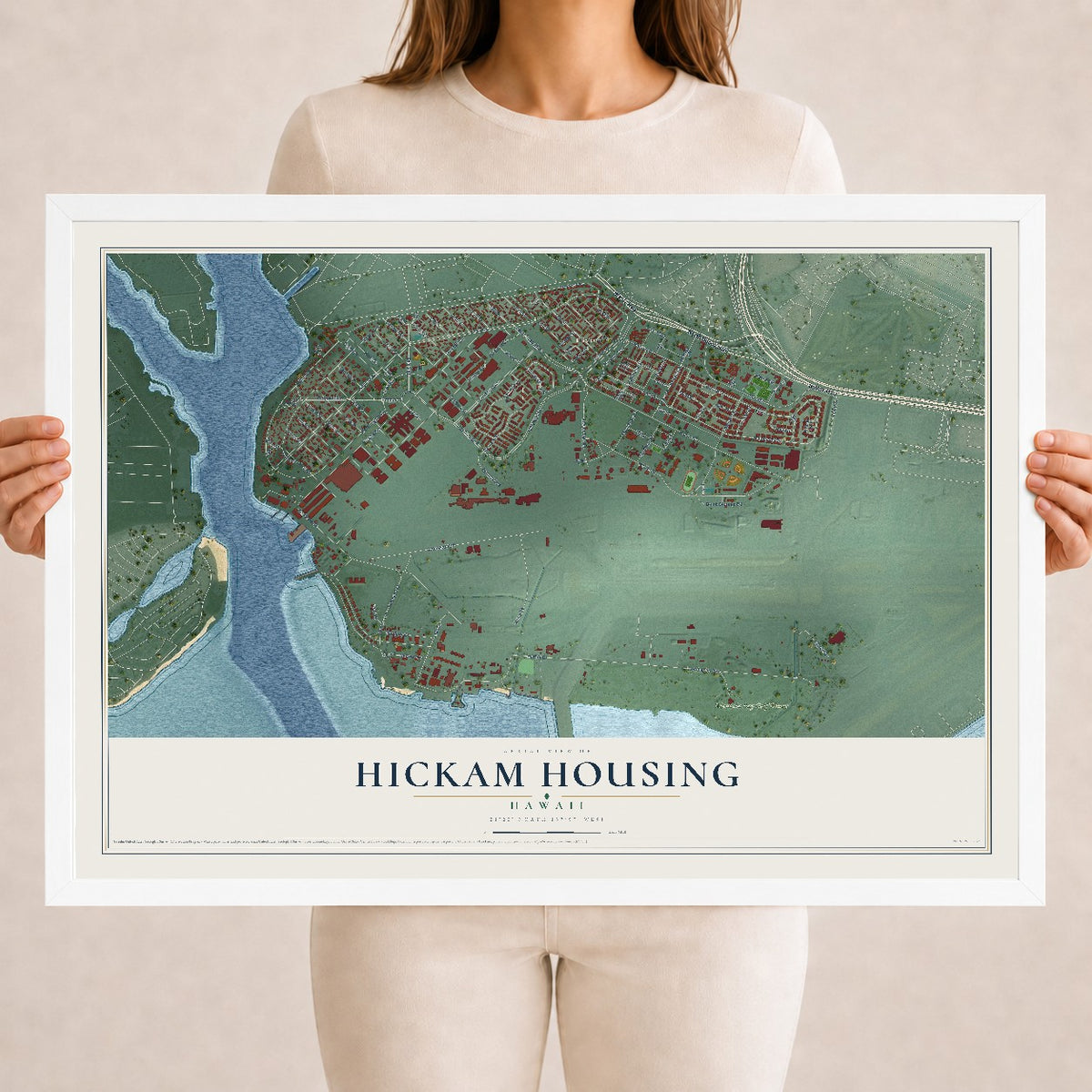 Map of Hickam Housing, Hawaii, 18 x 24 inch print in a white wood frame