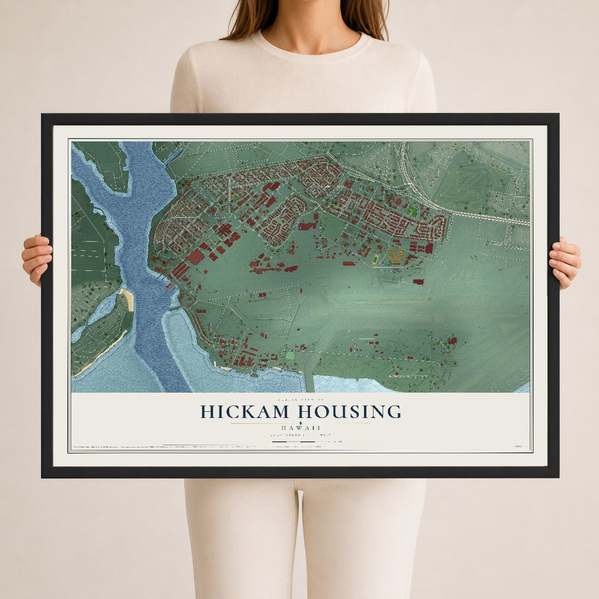 Map of Hickam Housing, Hawaii, 24 x 36 inch print in a black wood frame