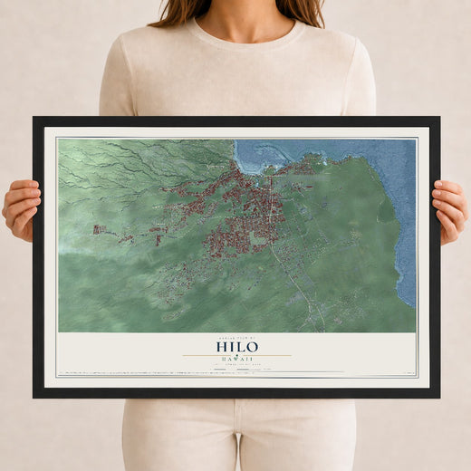 Map of Hilo, Hawaii, 12 x 18 inch print in a black wood frame