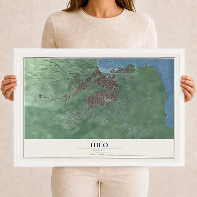 Map of Hilo, Hawaii, 12 x 18 inch print in a white wood frame