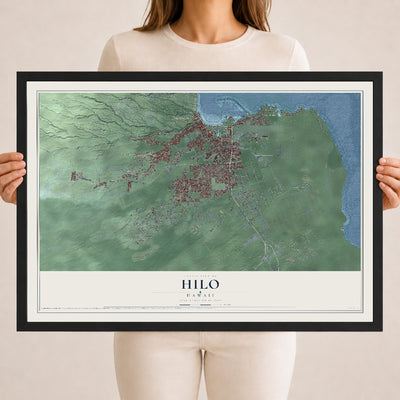 Map of Hilo, Hawaii, 18 x 24 inch print in a black wood frame