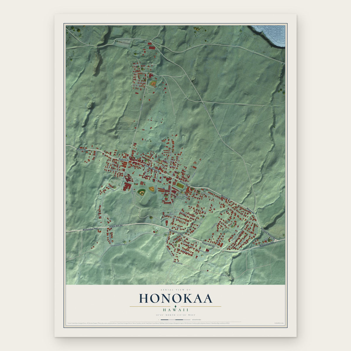 Honokaa, Hawaii map print, the full design
