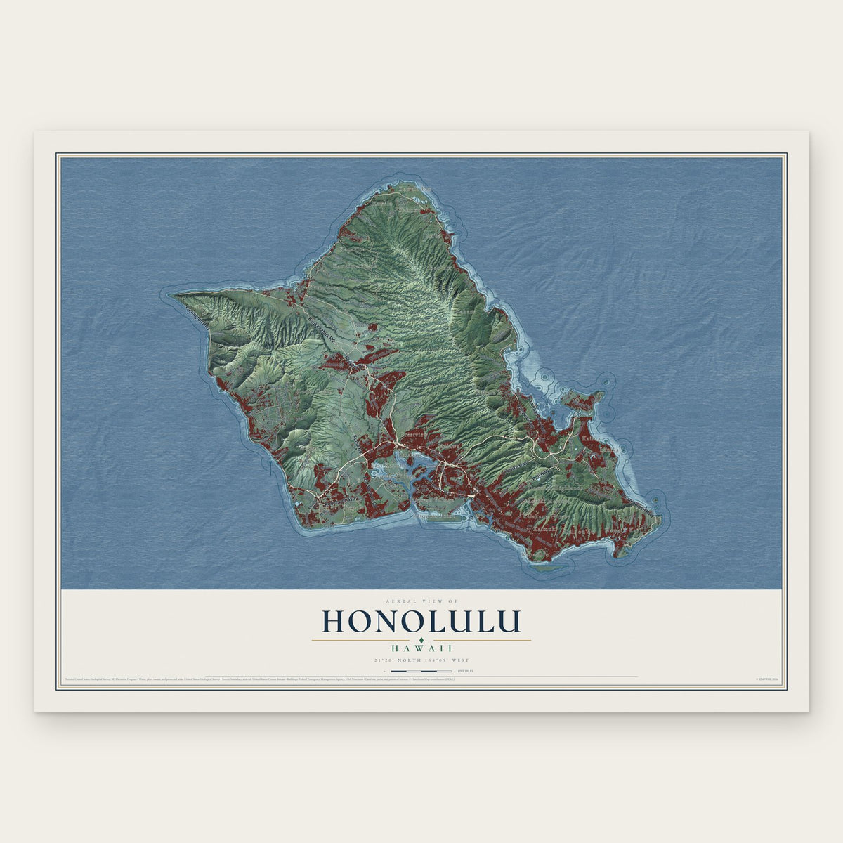 Honolulu, Hawaii map print, the full design
