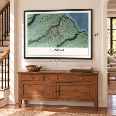 Honomu, Hawaii map, 24 x 36 inch print in a black frame above a dresser by a staircase