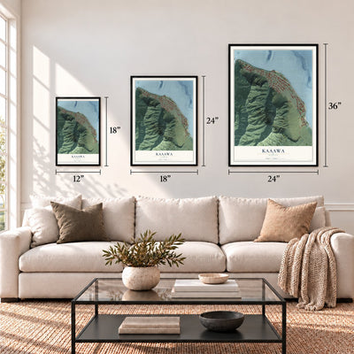 Kaaawa, Hawaii map in 12 x 18, 18 x 24 and 24 x 36 inch sizes above a sofa