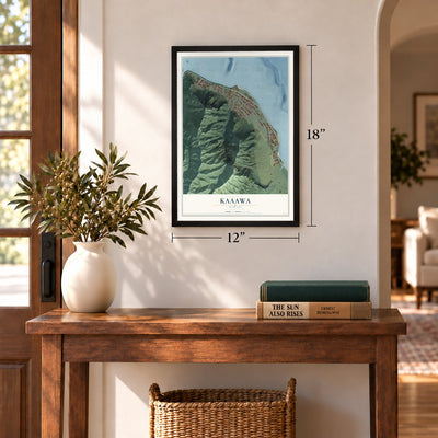 Kaaawa, Hawaii map, 12 x 18 inch print in a black frame in an entryway