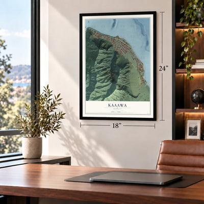 Kaaawa, Hawaii map, 18 x 24 inch print in a black frame in a home office