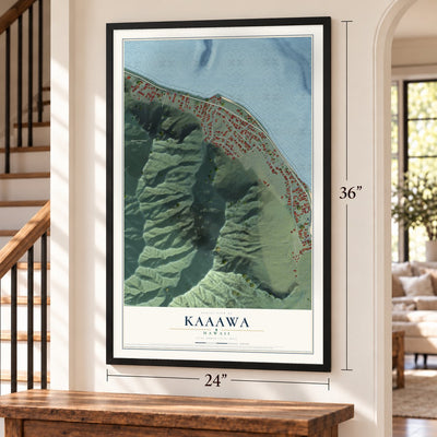 Kaaawa, Hawaii map, 24 x 36 inch print in a black frame by a staircase