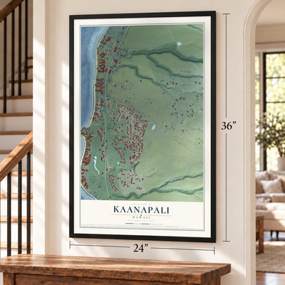 Kaanapali, Hawaii map, 24 x 36 inch print in a black frame by a staircase