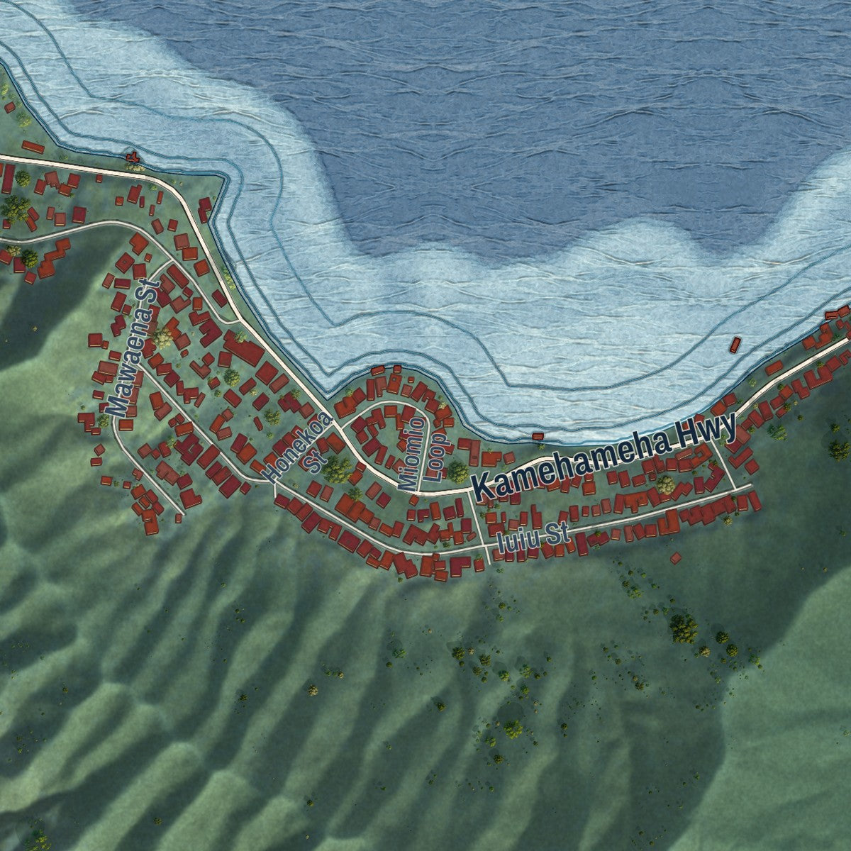 Second close-up of the map of Kahaluu, Hawaii print showing more streets and buildings