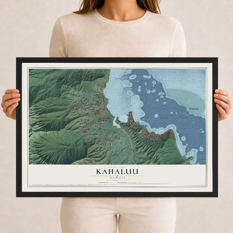 Map of Kahaluu, Hawaii, 12 x 18 inch print in a black wood frame