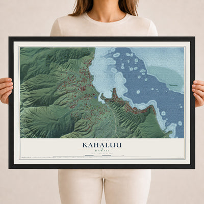 Map of Kahaluu, Hawaii, 18 x 24 inch print in a black wood frame