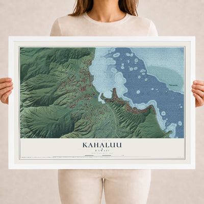 Map of Kahaluu, Hawaii, 18 x 24 inch print in a white wood frame
