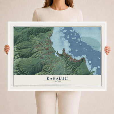 Map of Kahaluu, Hawaii, 24 x 36 inch print in a white wood frame