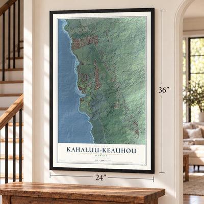 Kahaluu-Keauhou, Hawaii map, 24 x 36 inch print in a black frame by a staircase