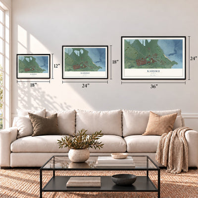 Kahuku, Hawaii map in 12 x 18, 18 x 24 and 24 x 36 inch sizes above a sofa