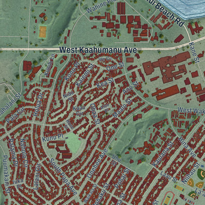 Close-up of the map of Kahului, Hawaii print showing street and building detail