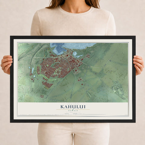 Map of Kahului, Hawaii, 12 x 18 inch print in a black wood frame
