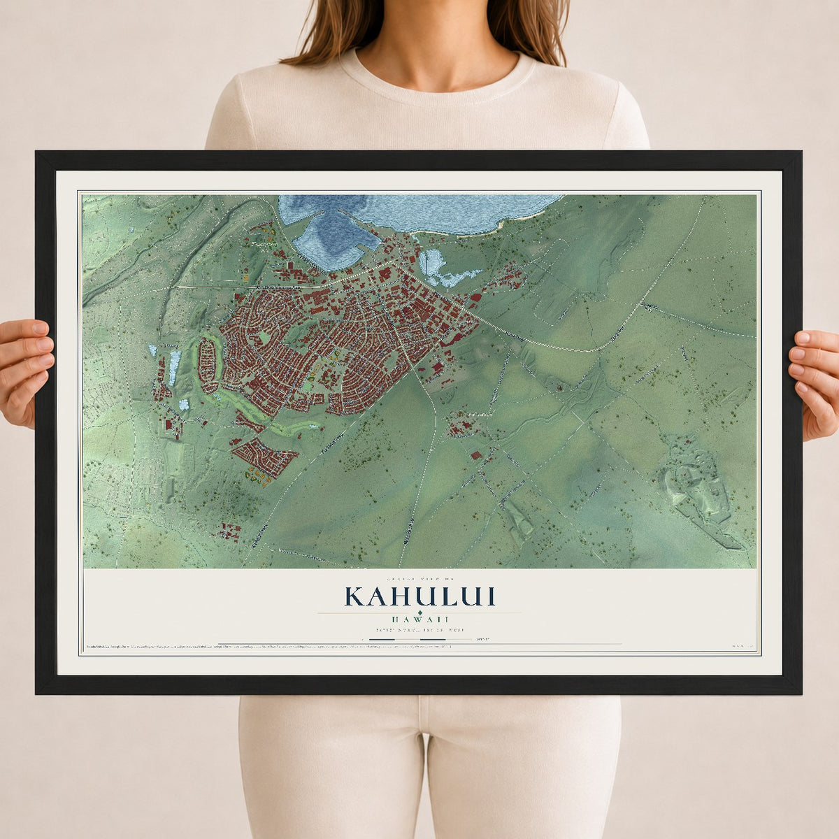 Map of Kahului, Hawaii, 18 x 24 inch print in a black wood frame