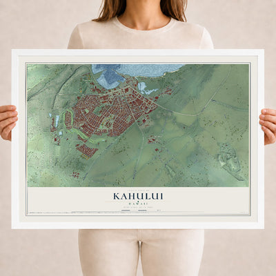 Map of Kahului, Hawaii, 18 x 24 inch print in a white wood frame