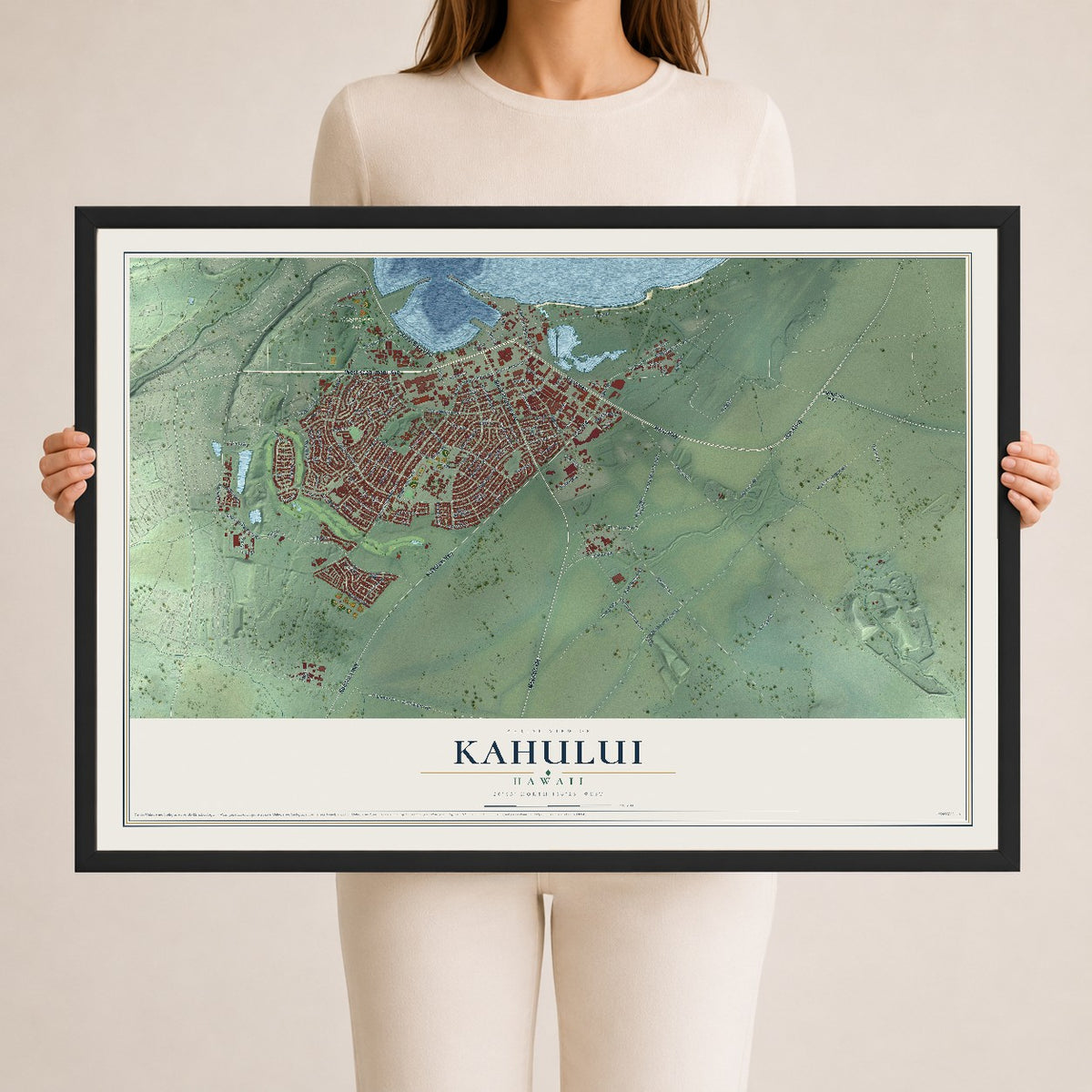 Map of Kahului, Hawaii, 24 x 36 inch print in a black wood frame