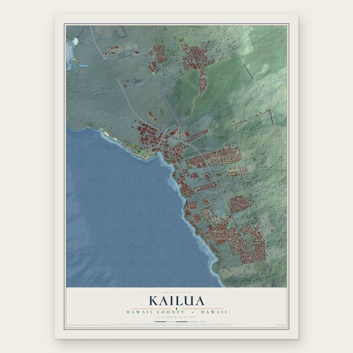 Kailua, Hawaii County, Hawaii map print, the full design