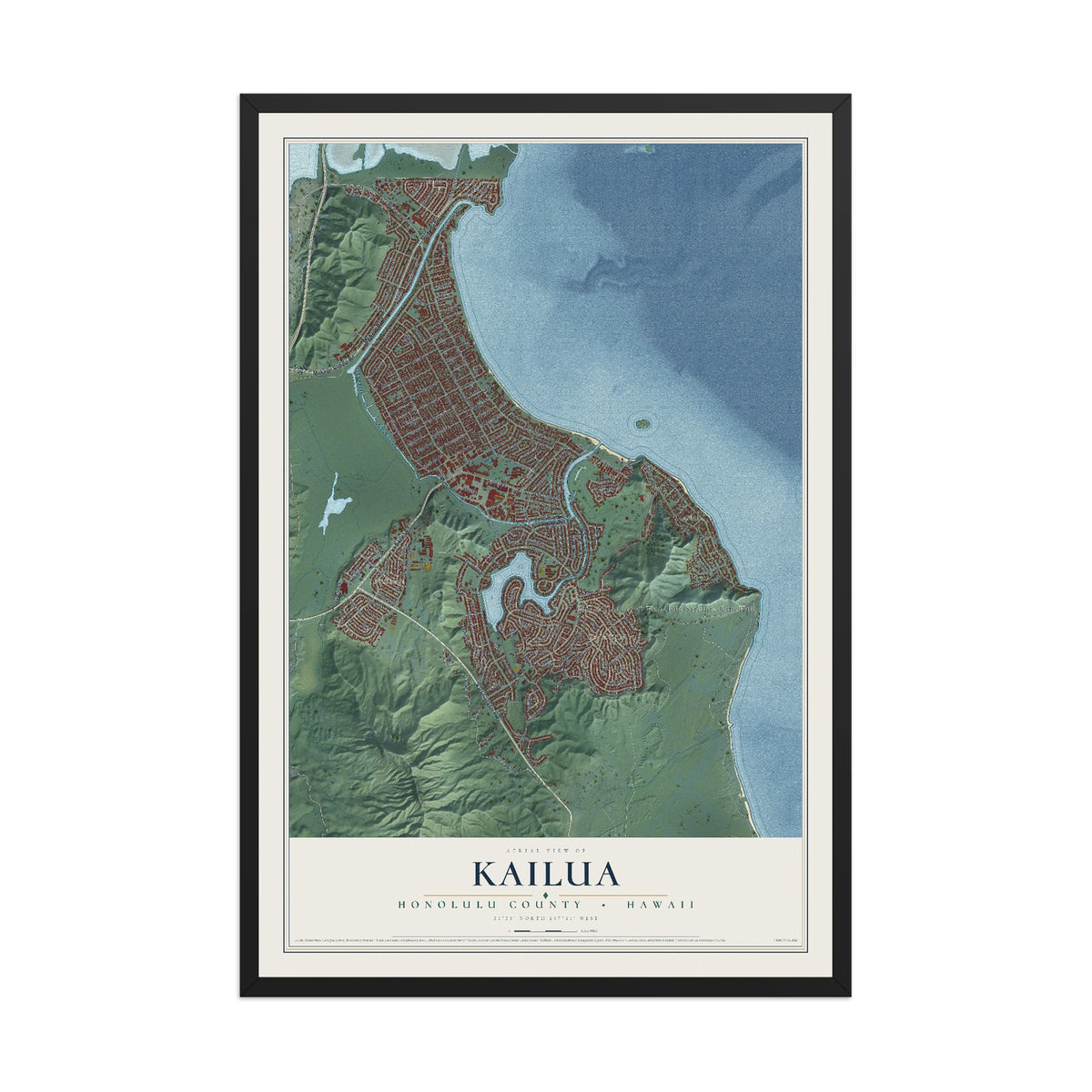 Map of Kailua, Hawaii, 12 x 18 inch print in a black wood frame