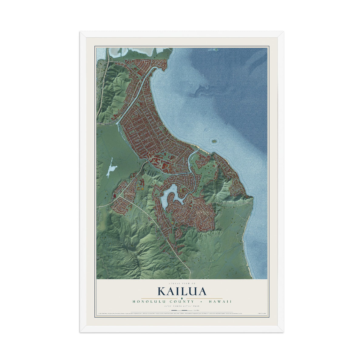 Map of Kailua, Hawaii, 12 x 18 inch print in a white wood frame